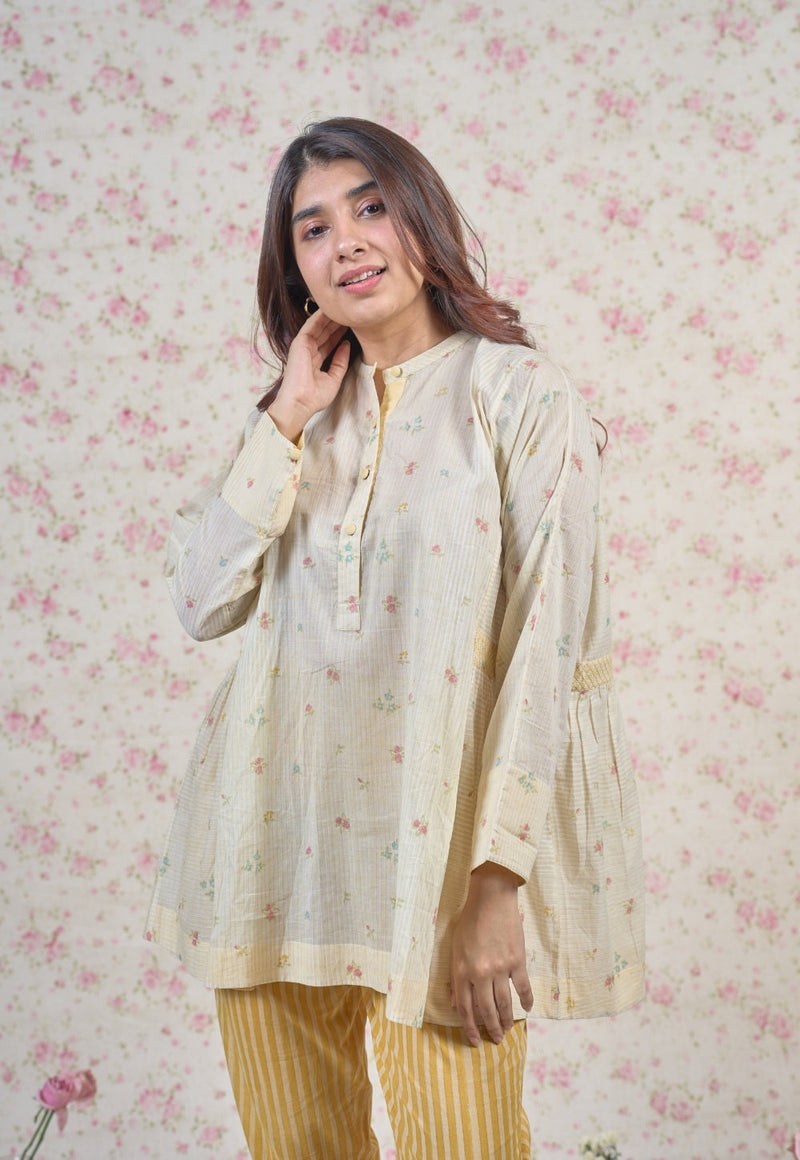 Nancy Yellow Sanganeri Mul Cotton Straight Short Top with Embroidery