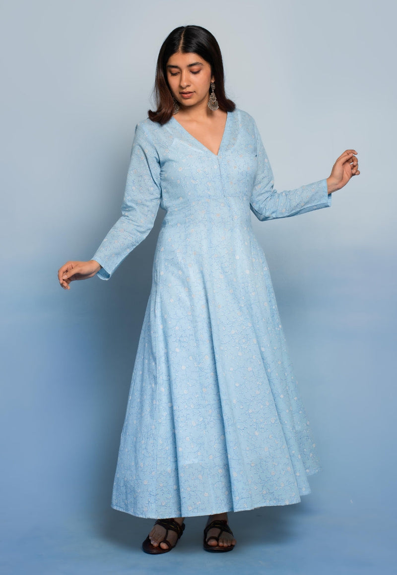 Amaya Blue Dabu Mul Cotton Kali Kurta