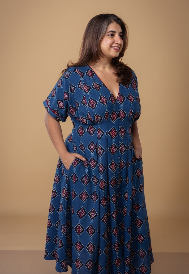 Reema Blue Dabu Slub Cotton A Line Dress