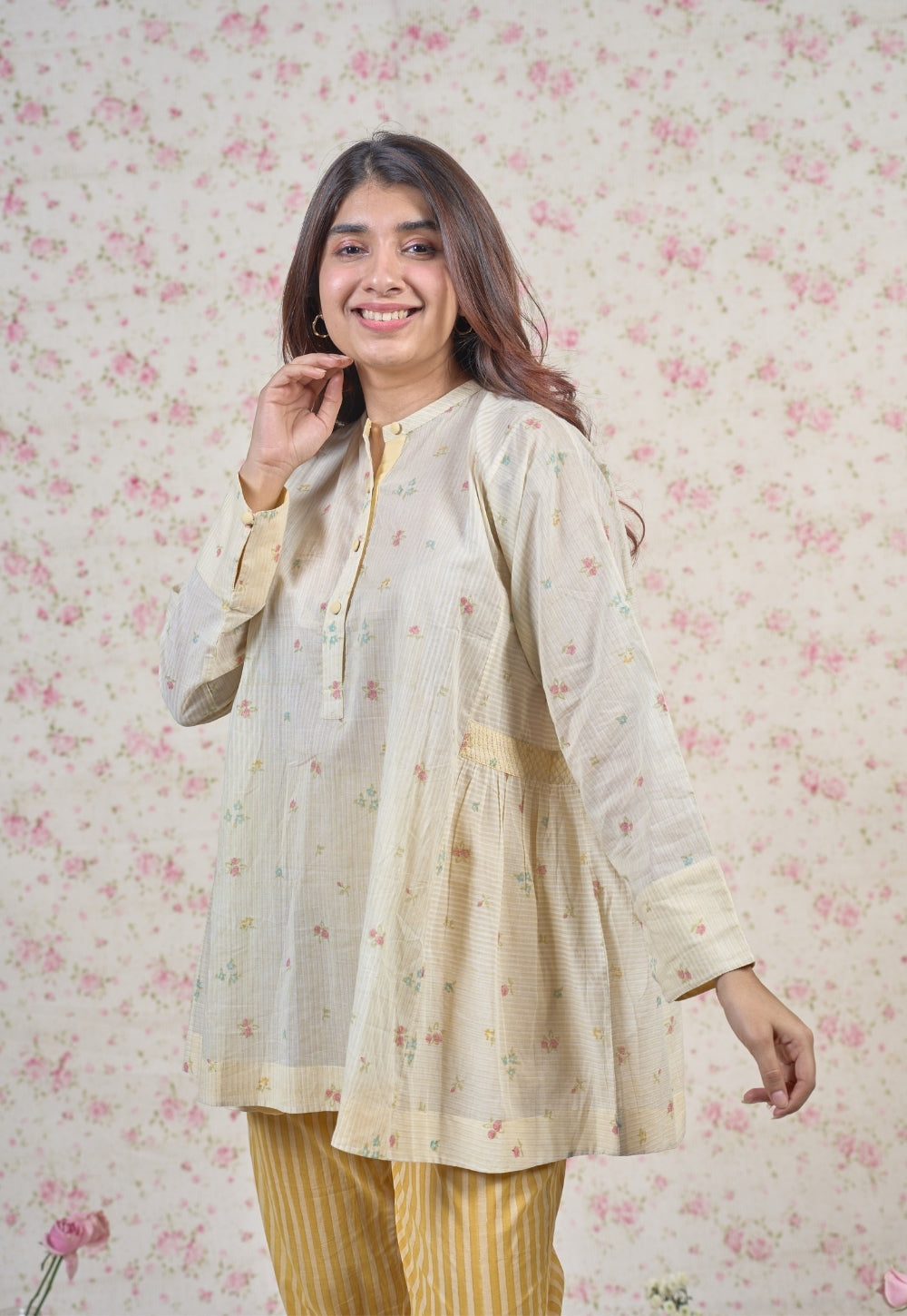 Nancy Yellow Sanganeri Mul Cotton Straight Short Top with Embroidery