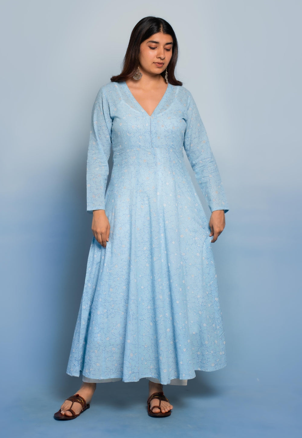 Amaya Blue Dabu Mul Cotton Kali Kurta