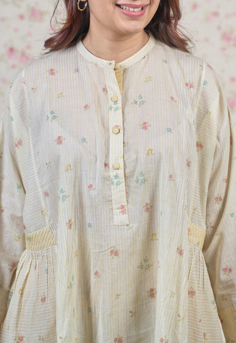 Nancy Yellow Sanganeri Mul Cotton Straight Short Top with Embroidery