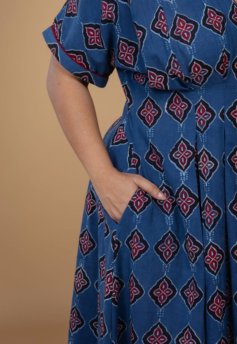 Reema Blue Dabu Slub Cotton A Line Dress
