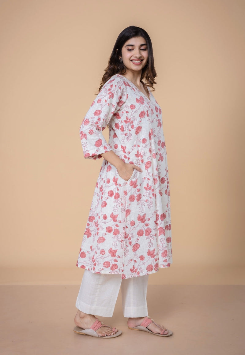 Smriti White Dabu Slub Cotton Kali Kurta
