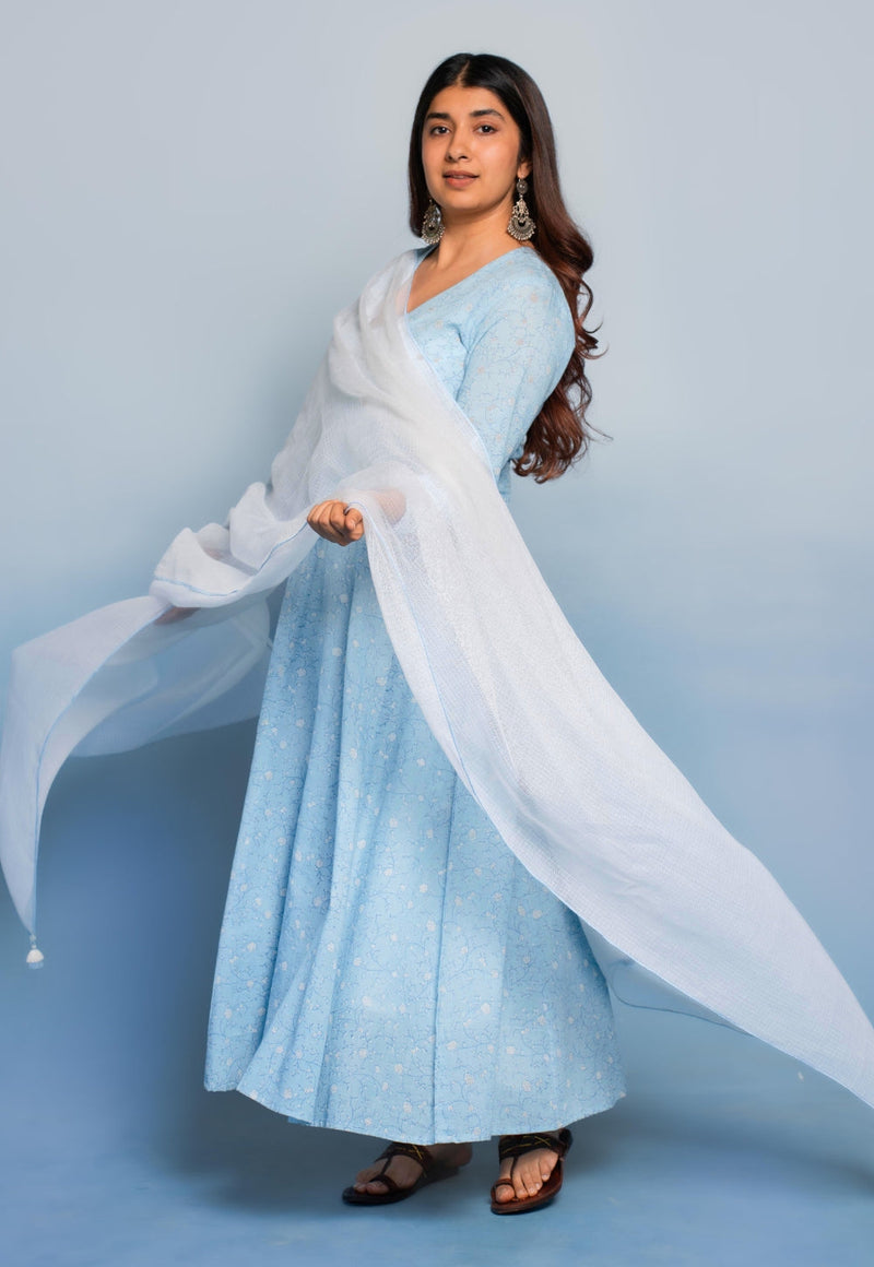 Amaya Blue Dabu Mul Cotton Kali Kurta
