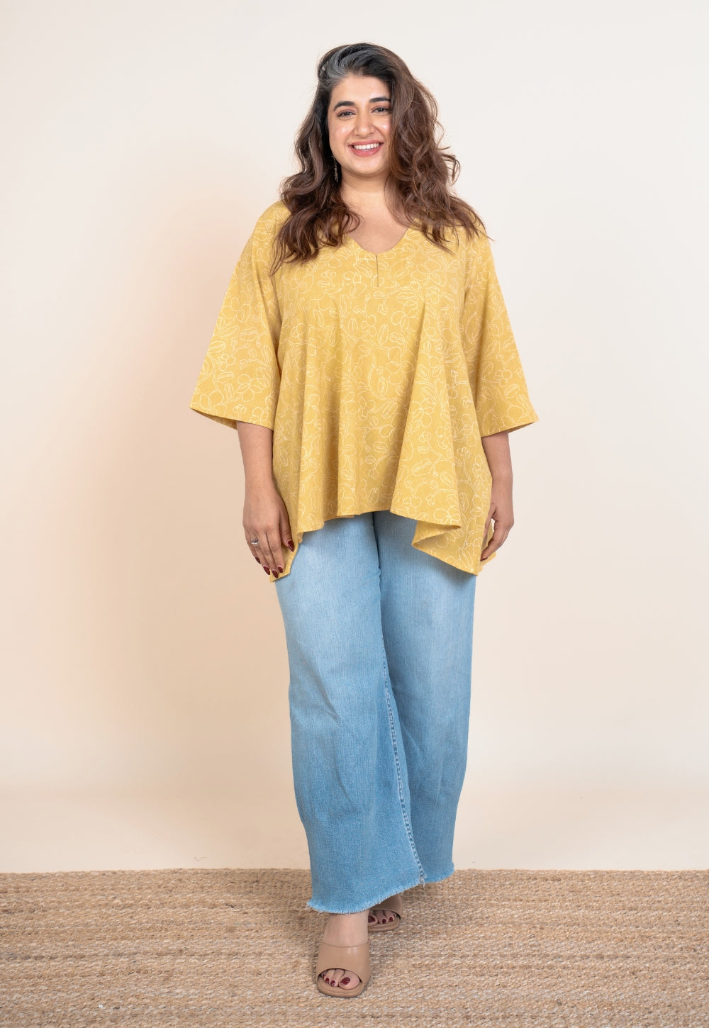 Zeya Yellow Handblock Print Slub Cotton A Line Short Top
