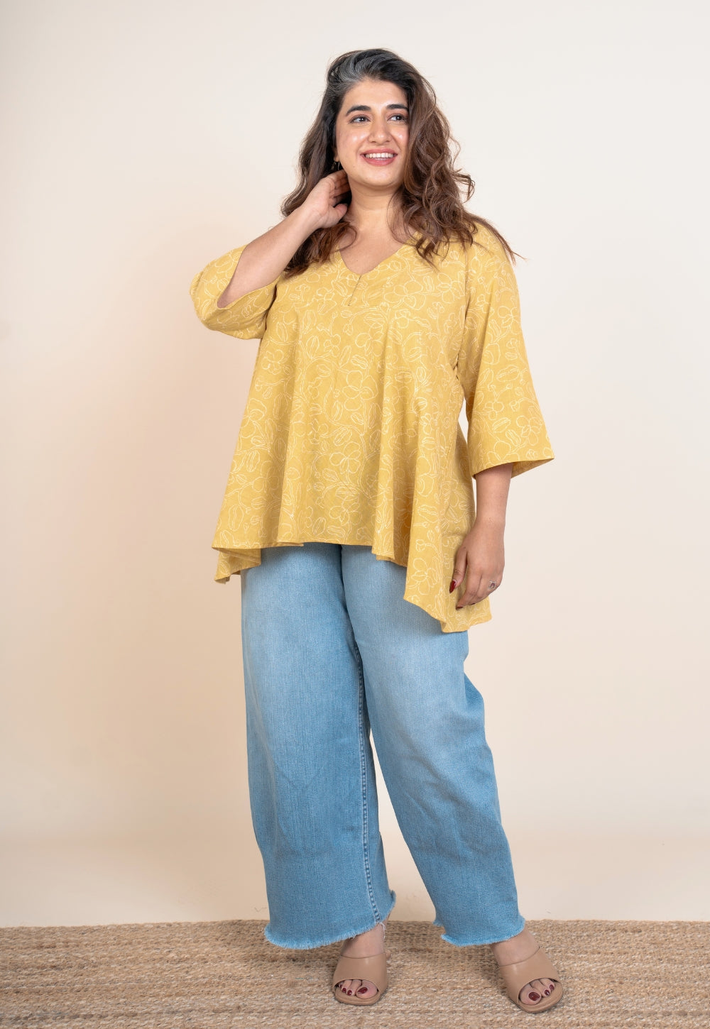 Zeya Yellow Handblock Print Slub Cotton A Line Short Top