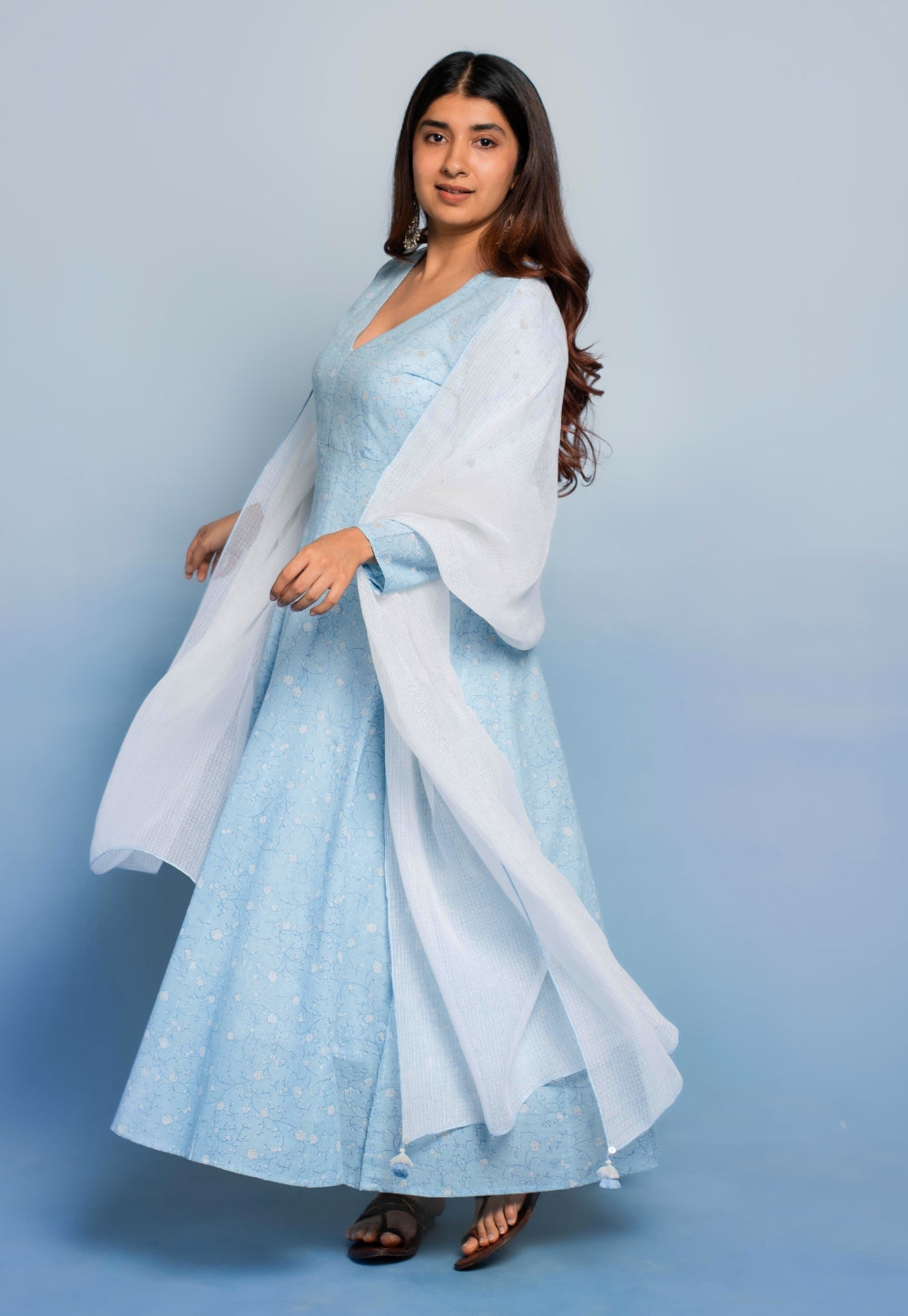 Amaya Blue Dabu Mul Cotton Kali Kurta