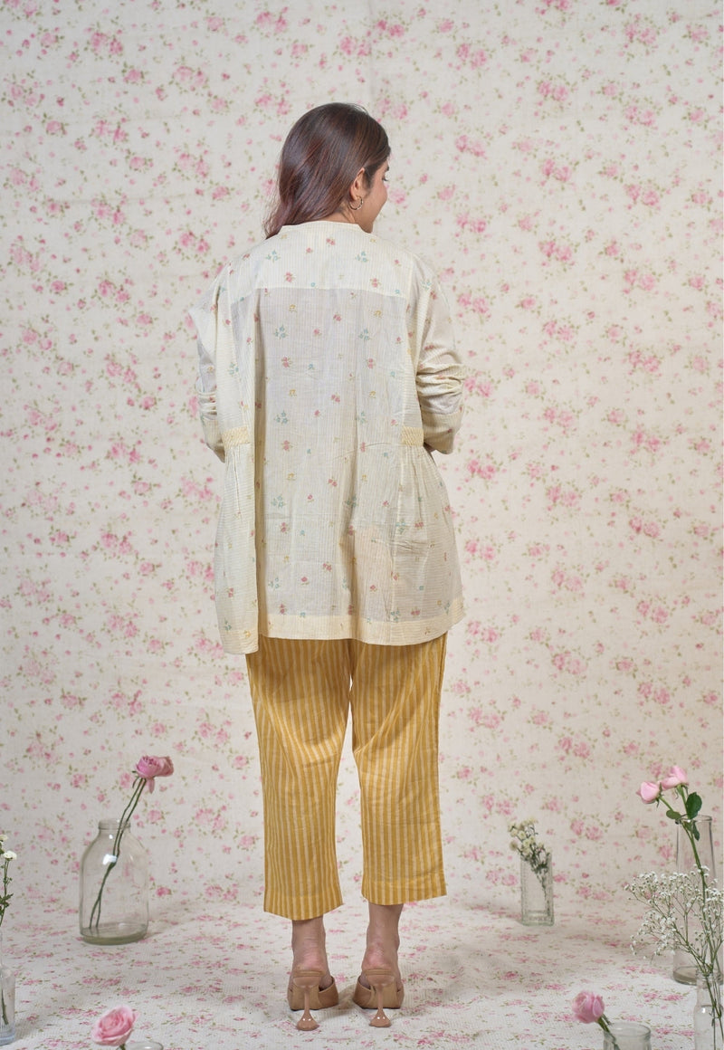 Nancy Yellow Sanganeri Mul Cotton Straight Short Top with Embroidery