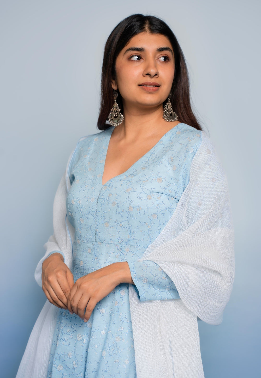 Amaya Blue Dabu Mul Cotton Kali Kurta