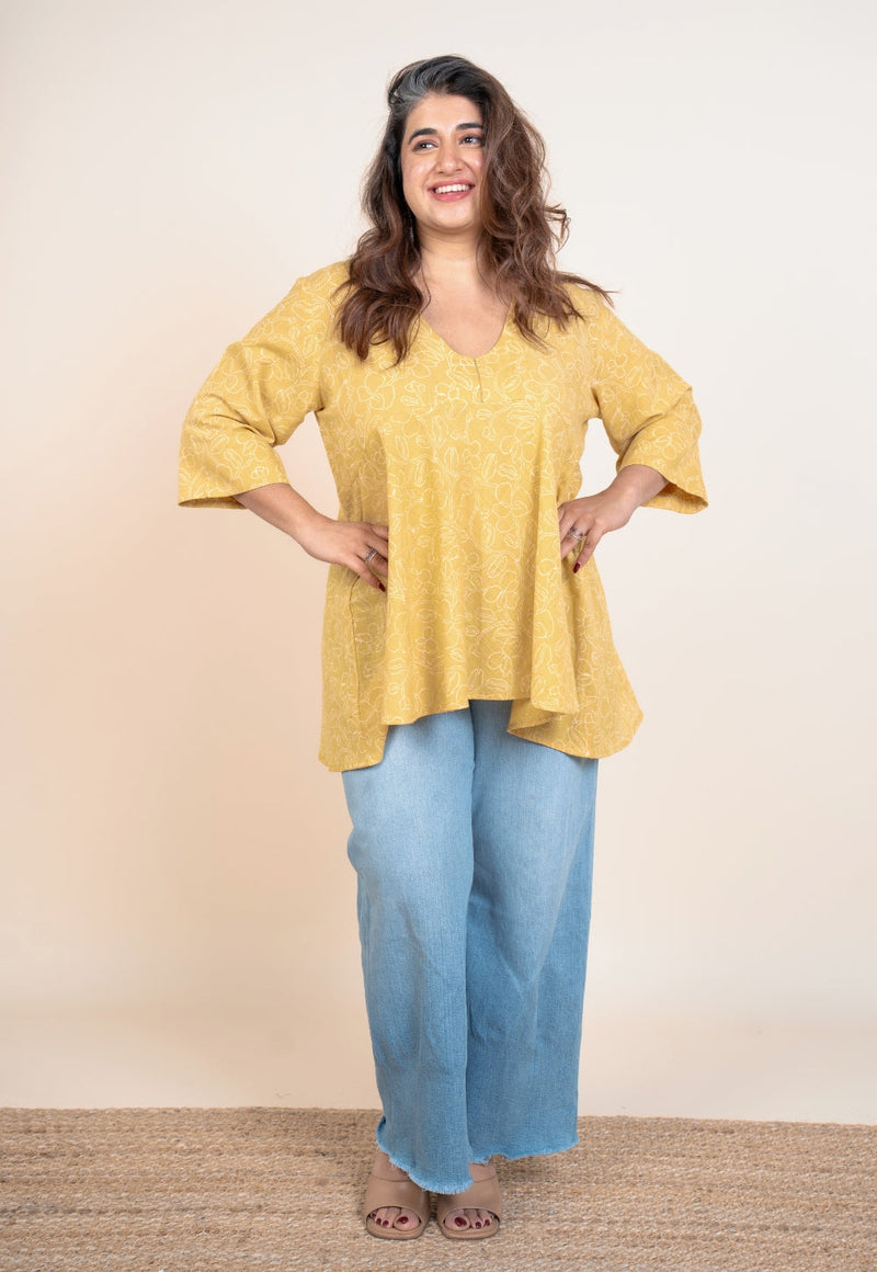 Zeya Yellow Handblock Print Slub Cotton A Line Short Top
