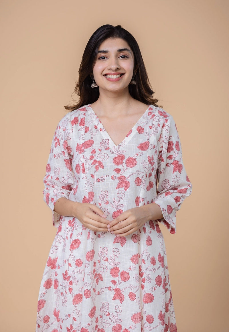 Smriti White Dabu Slub Cotton Kali Kurta