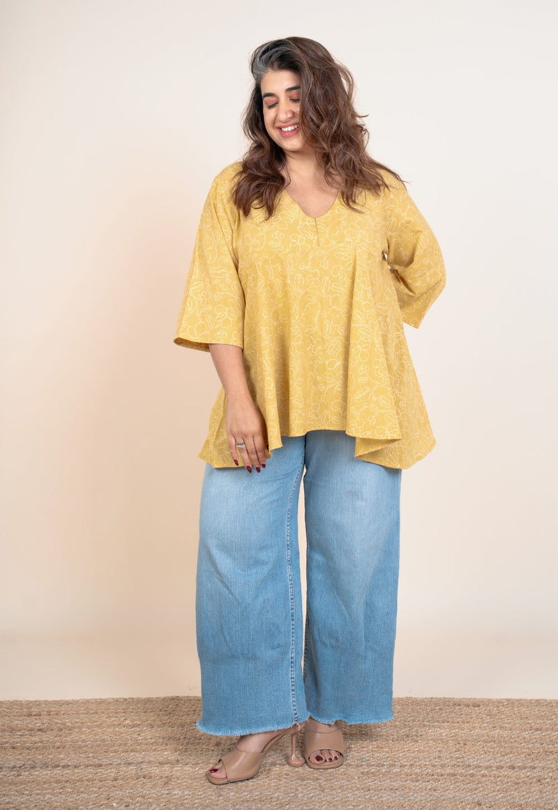 Zeya Yellow Handblock Print Slub Cotton A Line Short Top