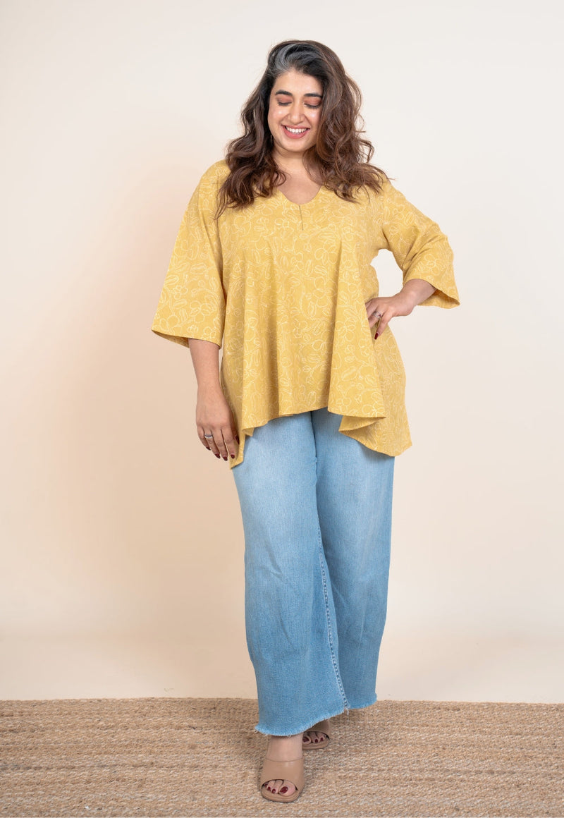 Zeya Yellow Handblock Print Slub Cotton A Line Short Top