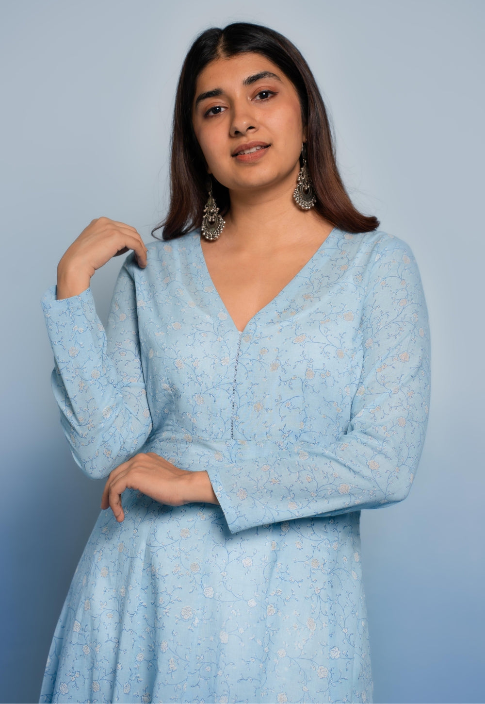 Amaya Blue Dabu Mul Cotton Kali Kurta