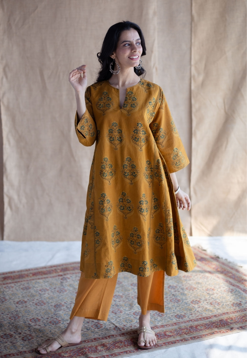 Trisha Mustard Ajrakh Cotton Jhabbha Kali Kurta with Hand Embroidery