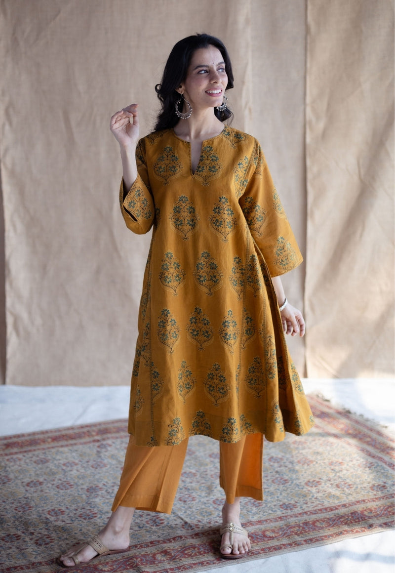 Trisha Mustard Ajrakh Cotton Jhabbha Kali Kurta with Hand Embroidery