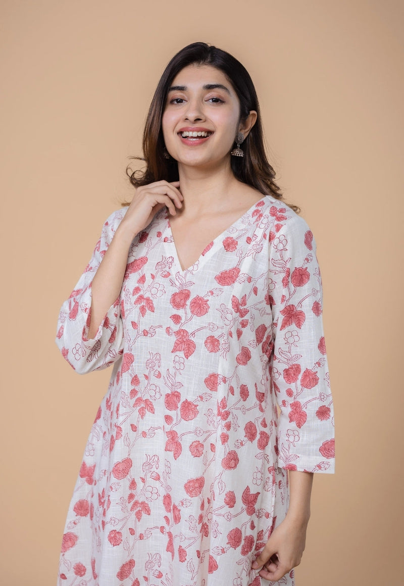 Smriti White Dabu Slub Cotton Kali Kurta