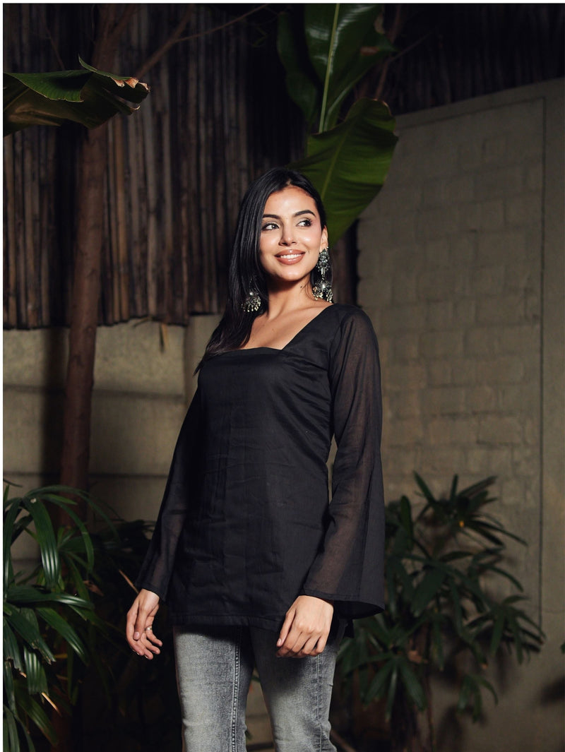 Kajal Black Mul Cotton Short Kurti