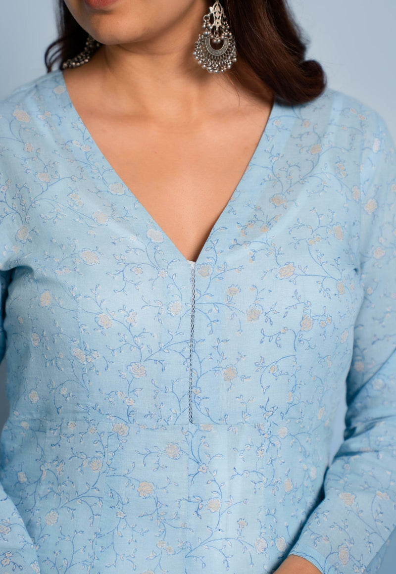 Amaya Blue Dabu Mul Cotton Kali Kurta