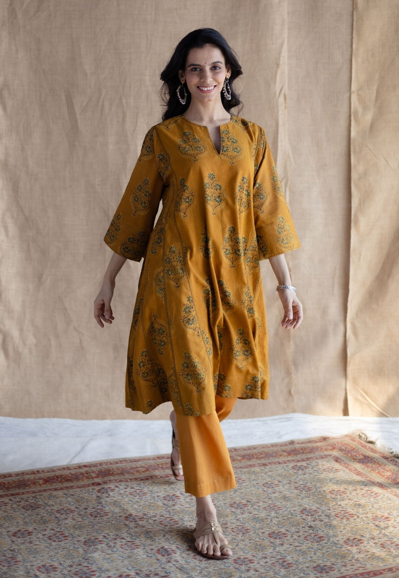 Trisha Mustard Ajrakh Cotton Jhabbha Kali Kurta with Hand Embroidery