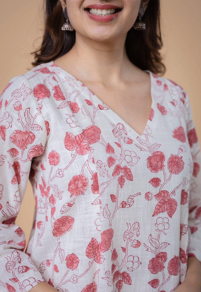 Smriti White Dabu Slub Cotton Kali Kurta