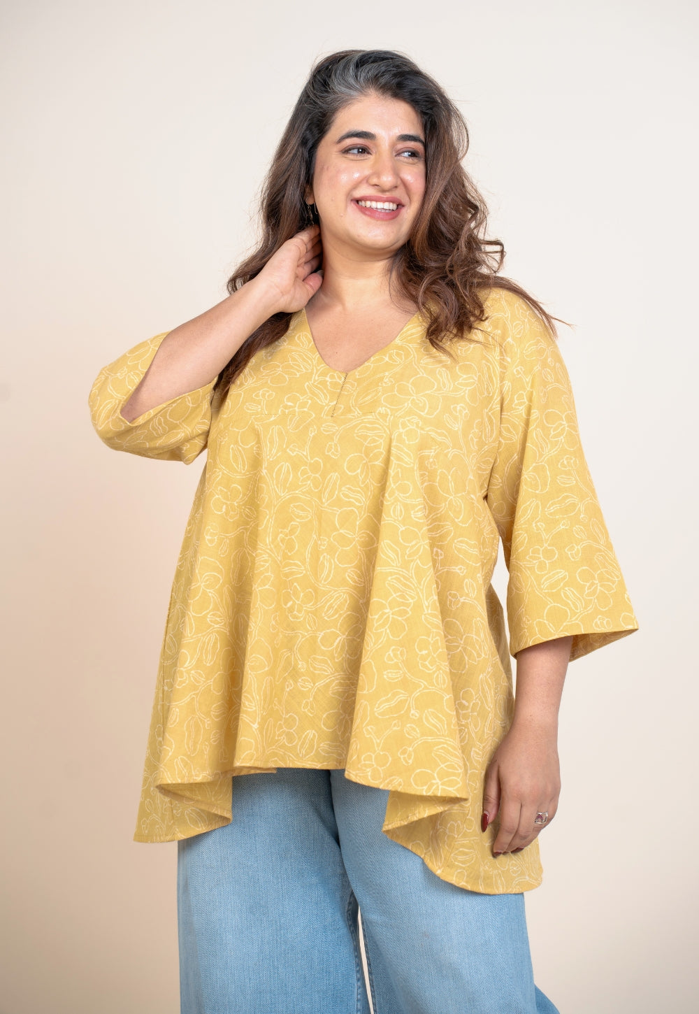 Zeya Yellow Handblock Print Slub Cotton A Line Short Top