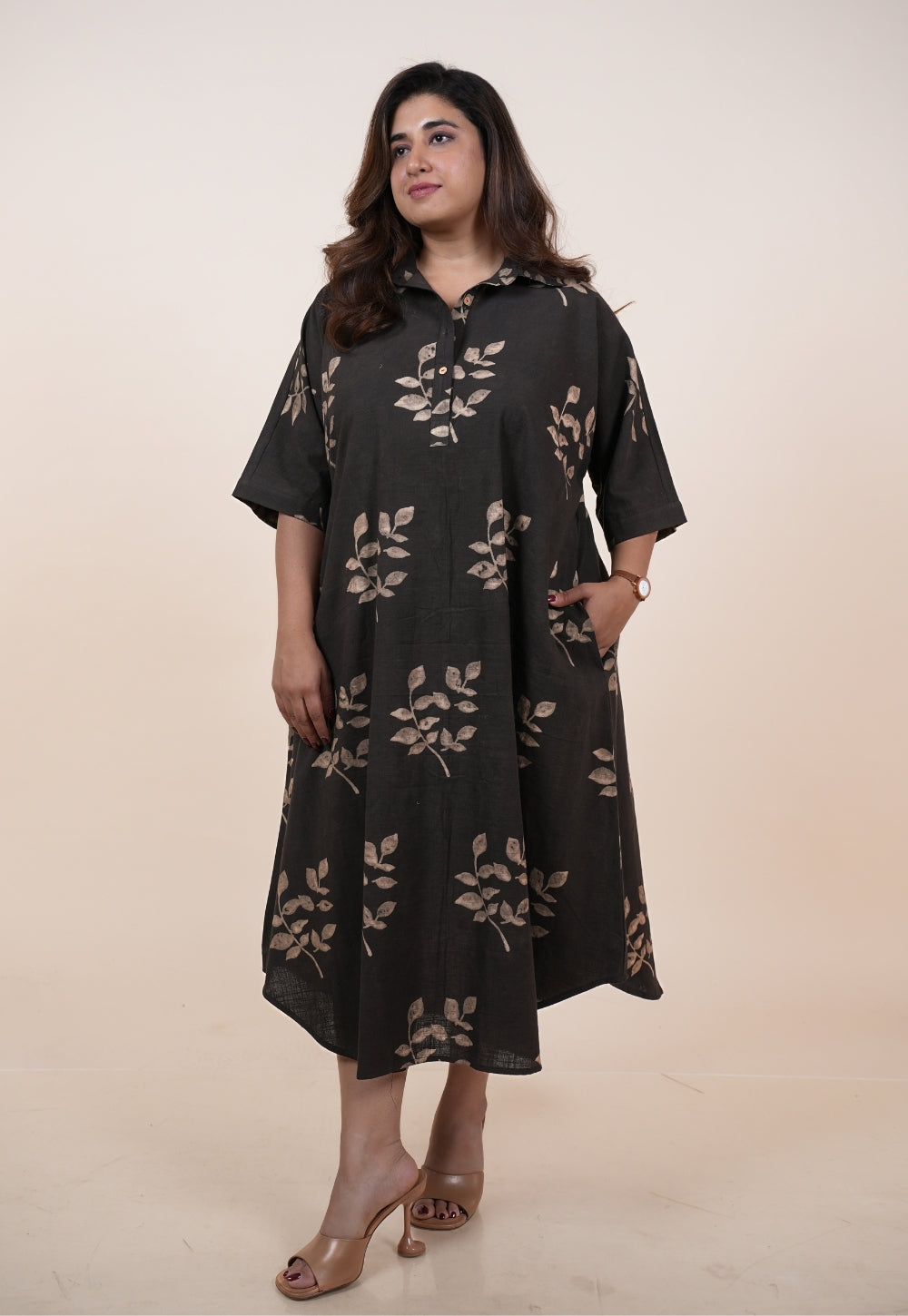 Risha Brown Dabu Slub Cotton A Line Dress