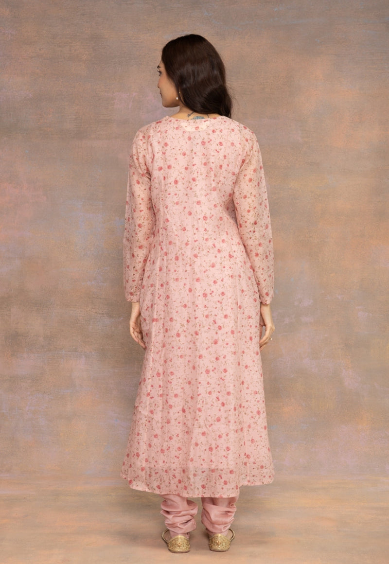 Rose Pink Sanganeri Chanderi Silk Kali Kurta with Hand Embroidery