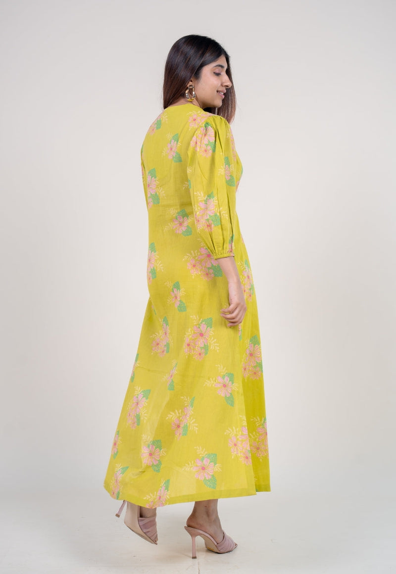 Payal Lime Green Printed Mul A Line Dress with Slip