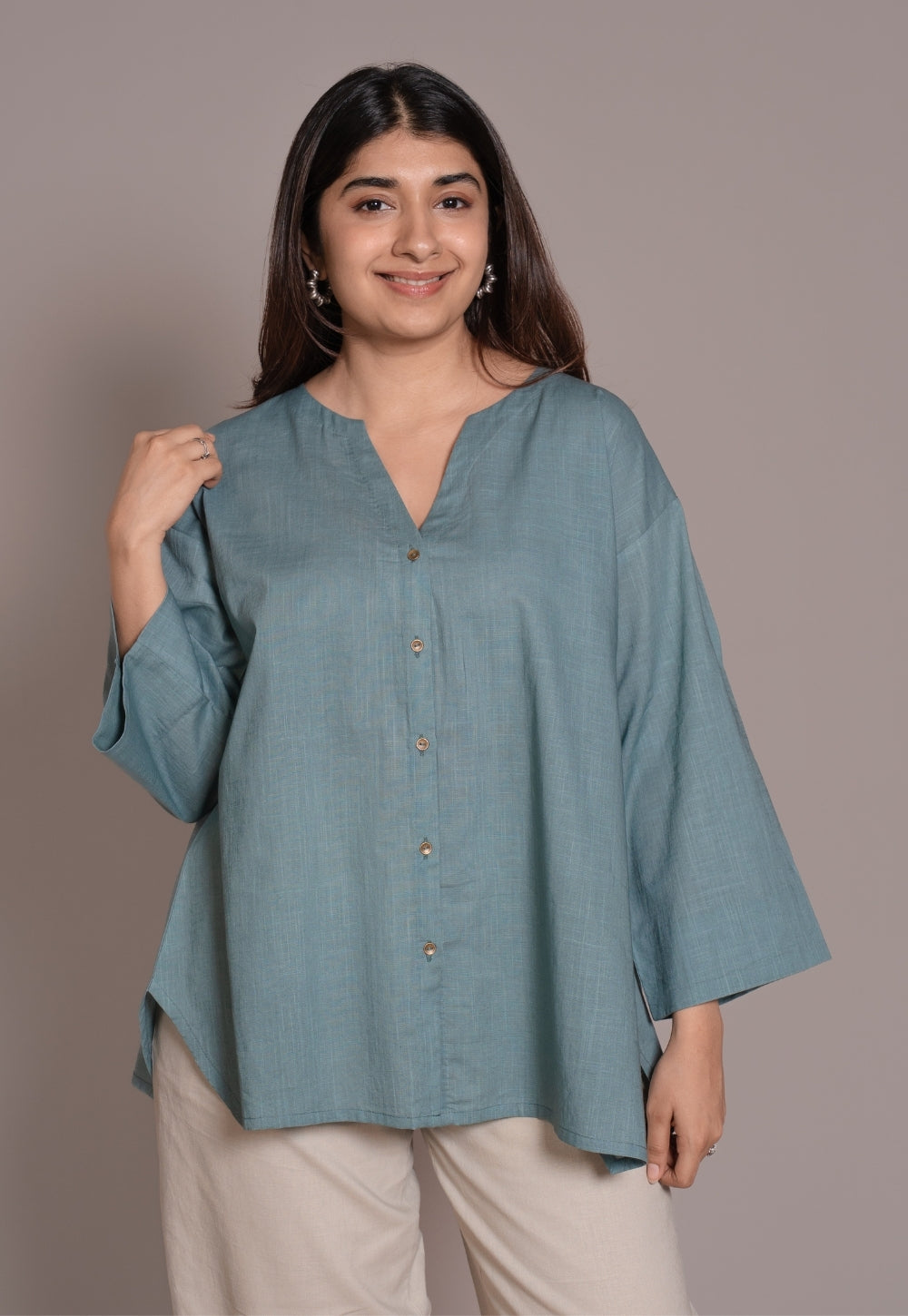 Light Blue Solid Slub Cotton Straight Short Top - DyeVerse