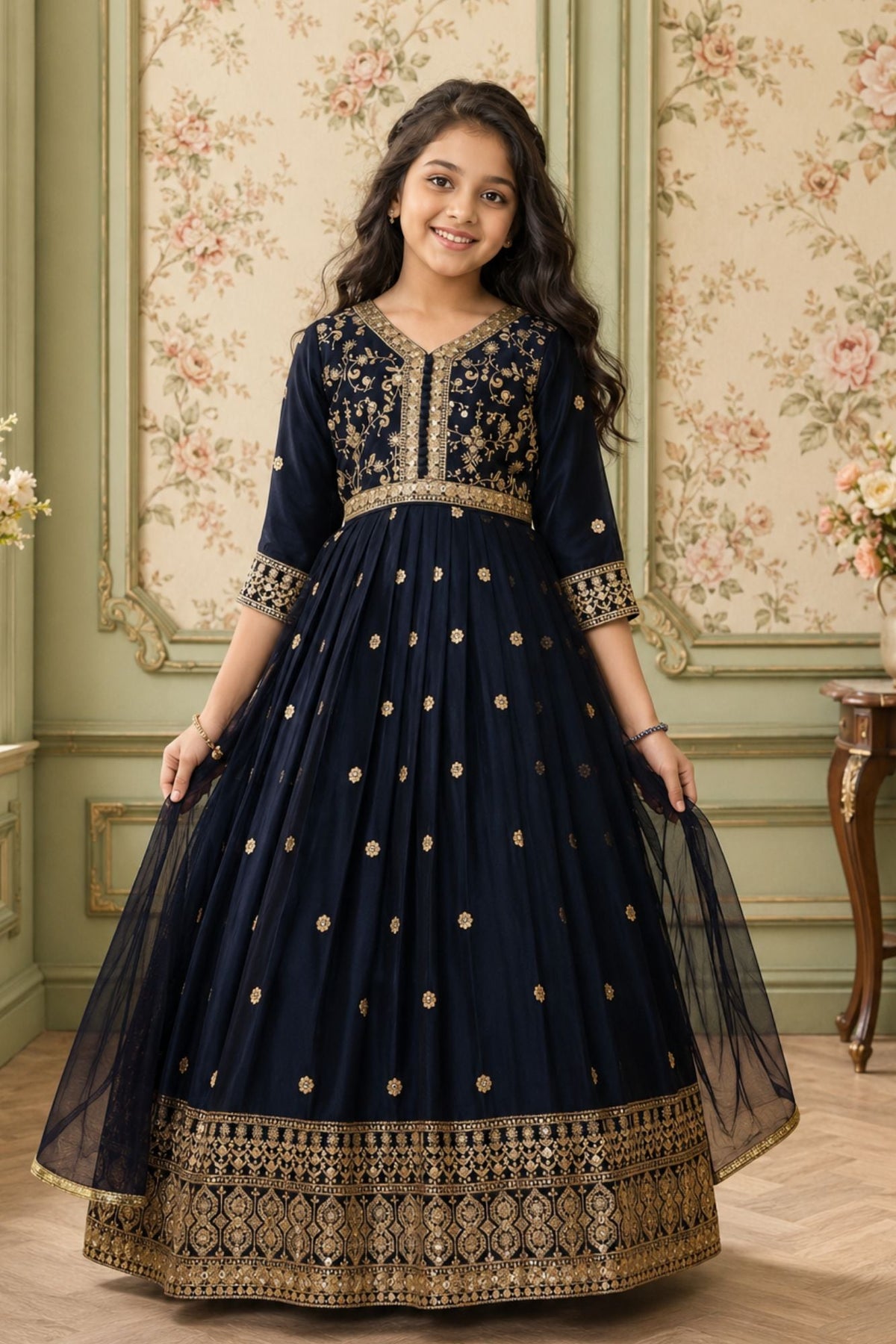 Navy Blue Sequins Work And Zari Embroidered Ethnic Gown For Girls