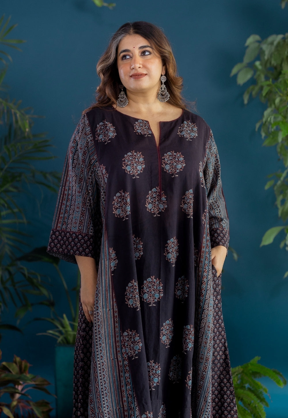 Garima Black Ajrakh Cotton Jhabbha Kali Kurta with Hand Embroidery