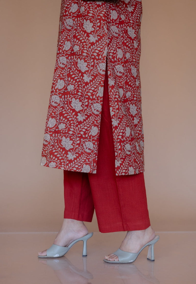 Yashi Red Solid Slub Cotton Straight Pant