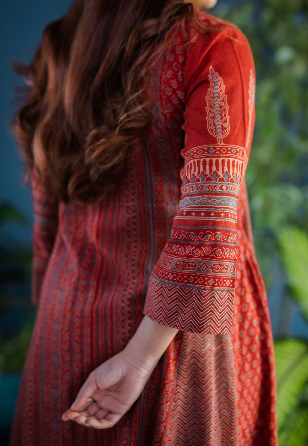 Pranika Red Ajrakh Cotton Kali Kurta with Hand Embroidery
