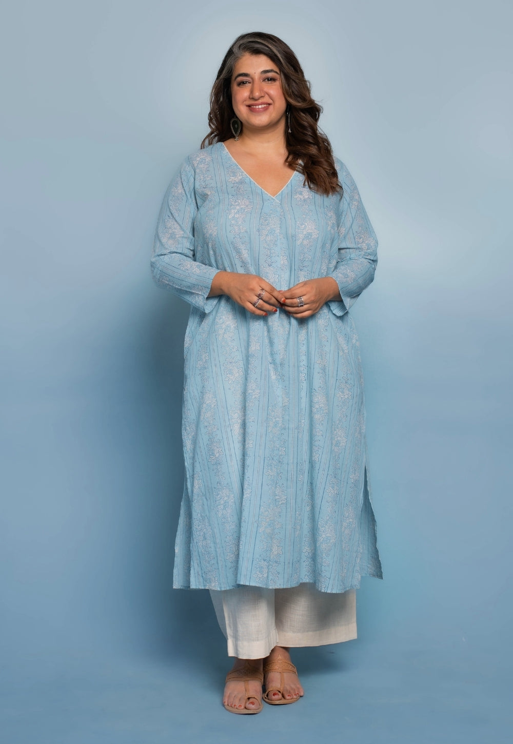 Raila Blue Dabu Mul Cotton Straight Kurta