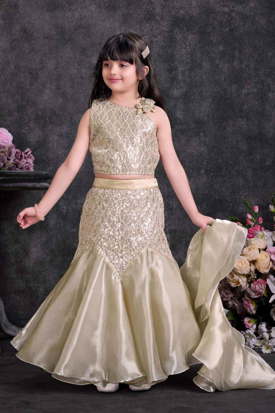 Fawn Sequin Embroidered Lehenga Choli Set For Girls