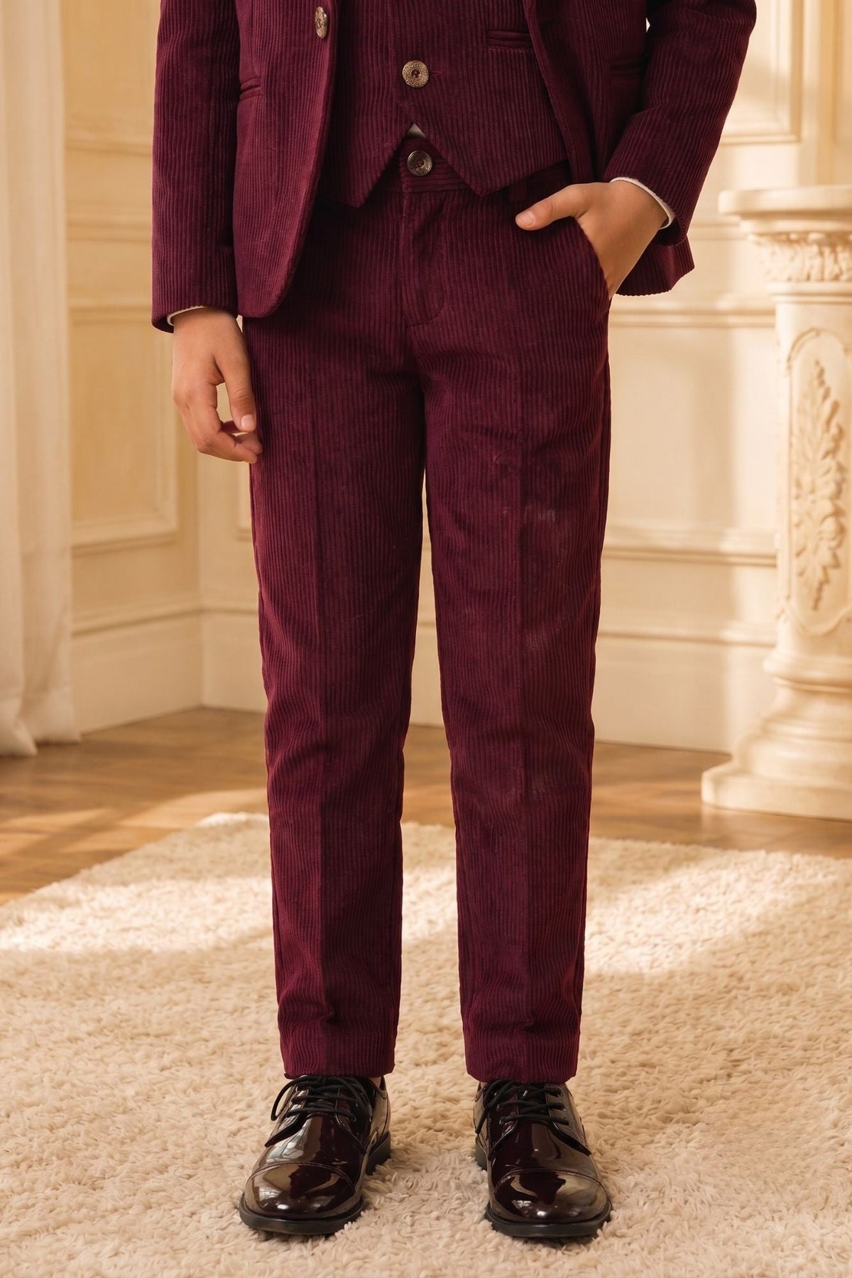 Boys Maroon Embroidered Shawl Collar Party Wear Suit Set