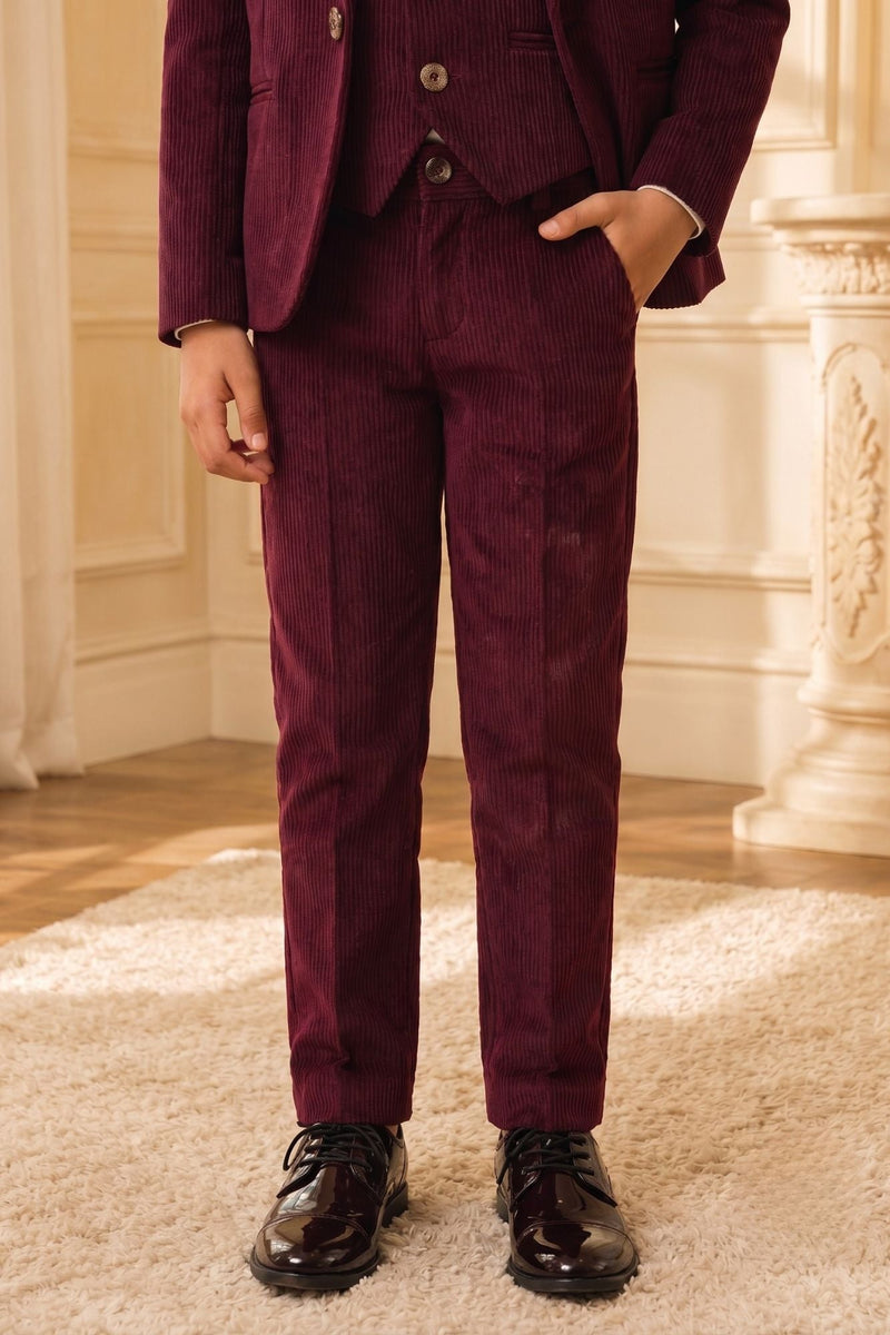 Boys Maroon Embroidered Shawl Collar Party Wear Suit Set