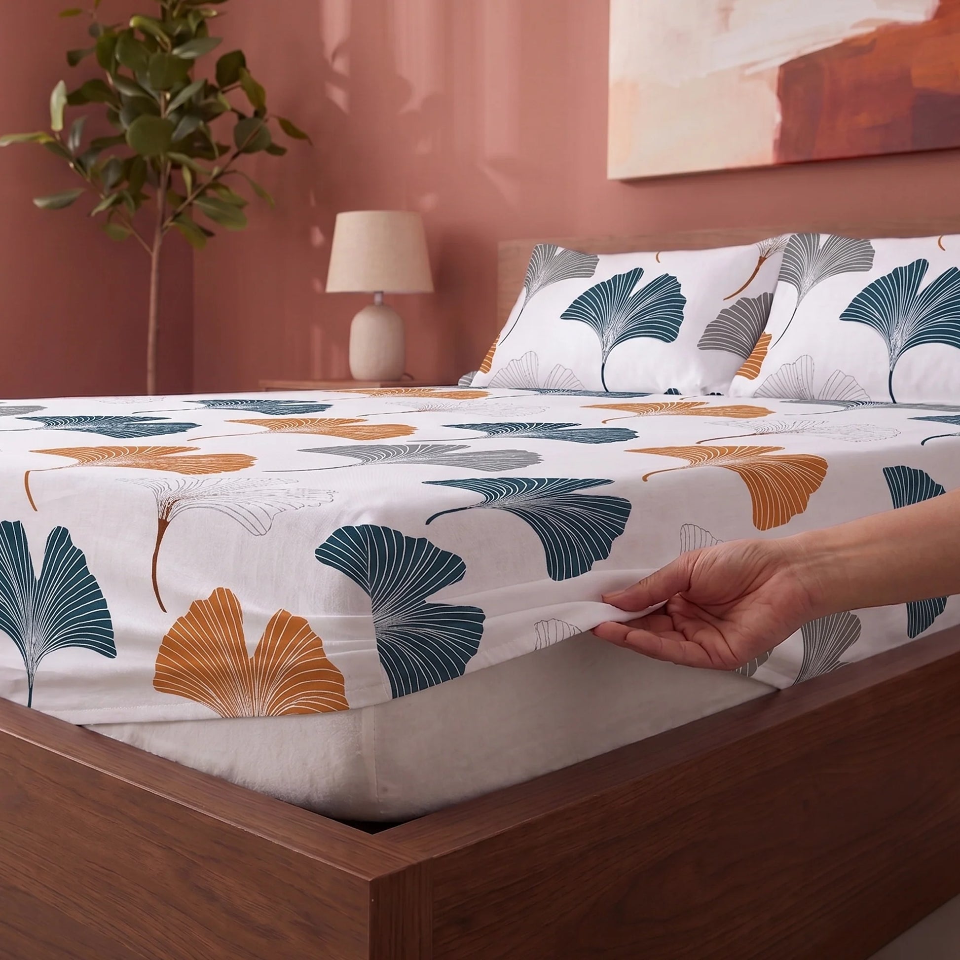 Imprimer Ginkyo - Floral Printed Fitted Bedsheet (Mustard & Grey)-2