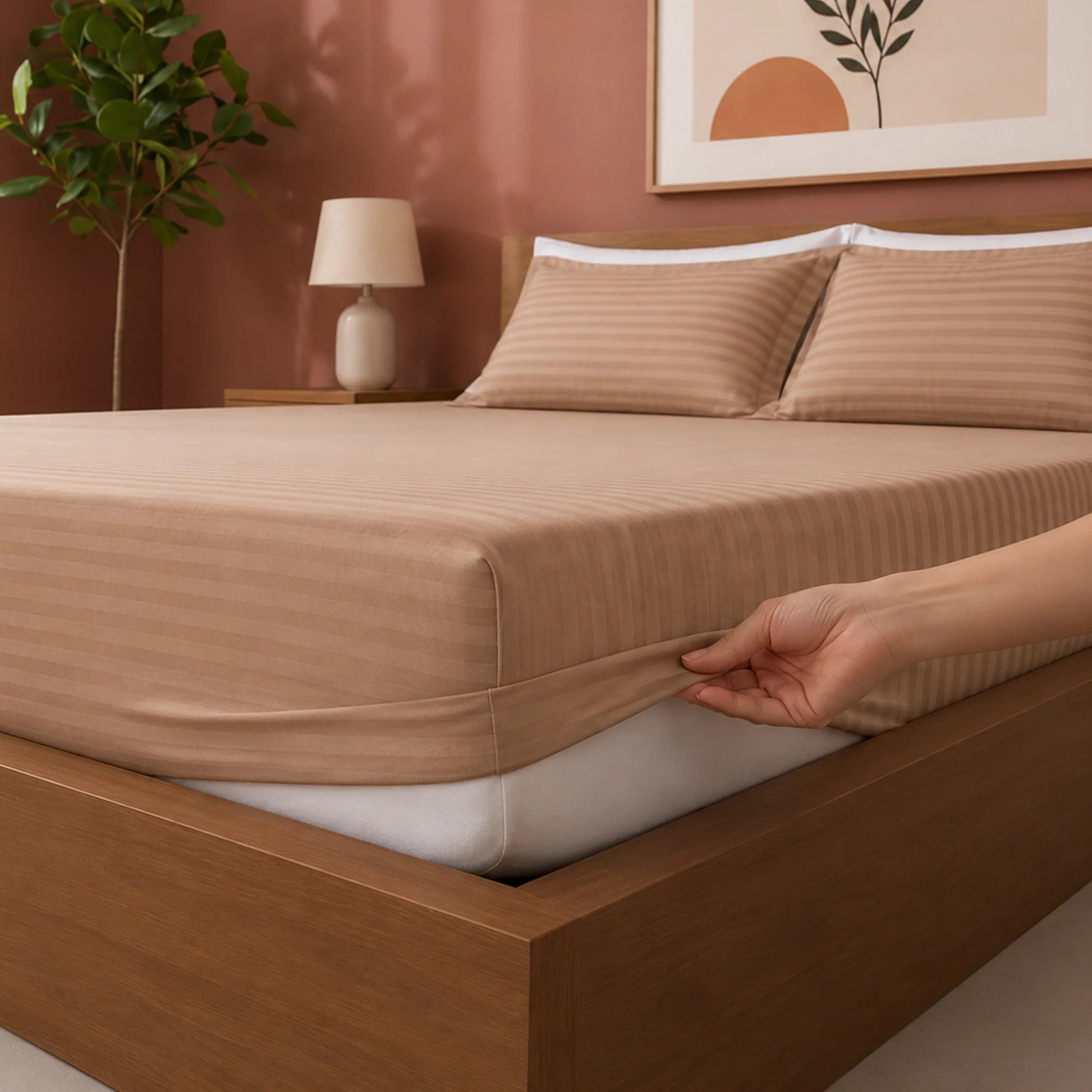 Breton Drift - Satin Stripe Fitted Bedsheet with Pillow Covers (Taupe)-2