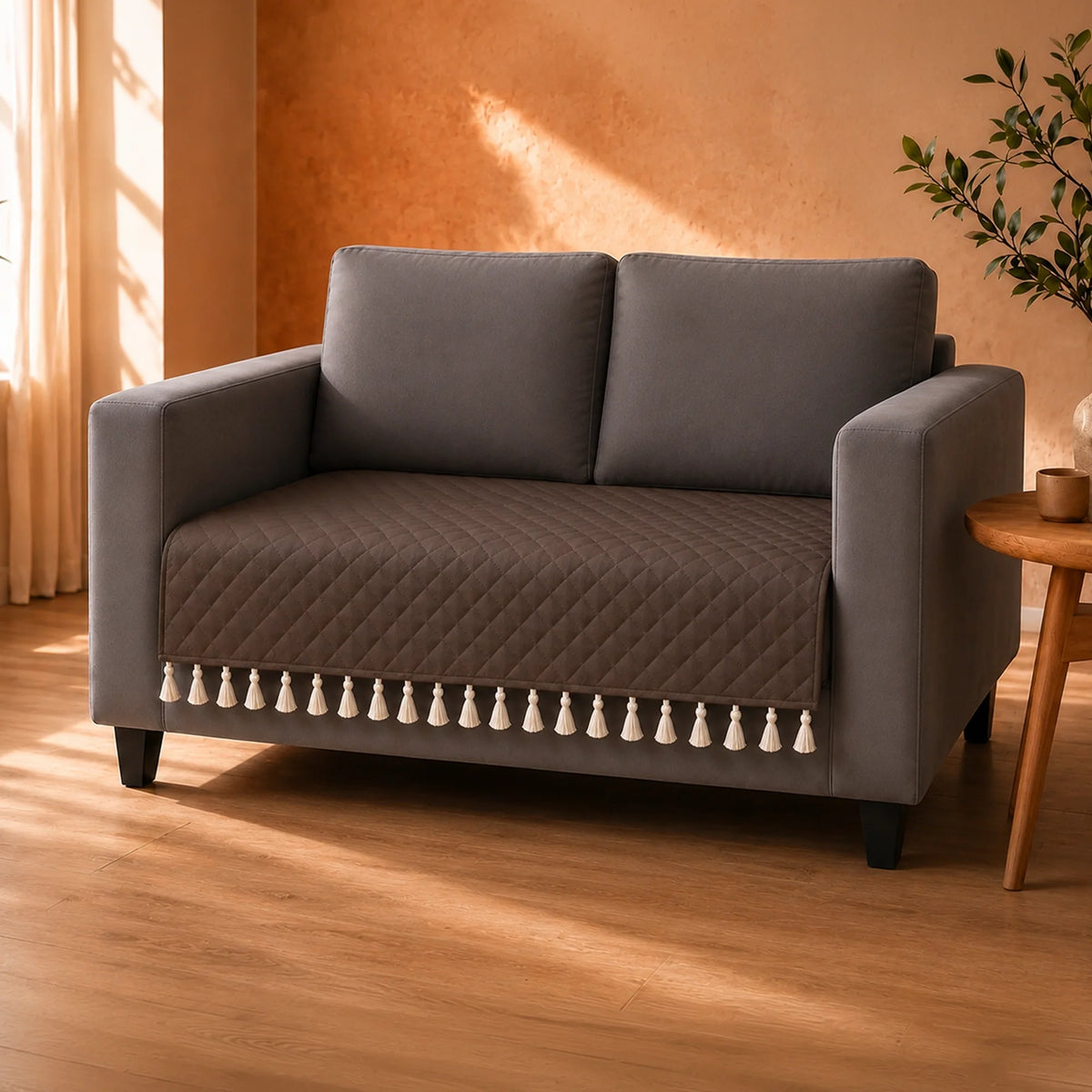 Quilted Velvet Sofa Cover with Tassels (Brown)