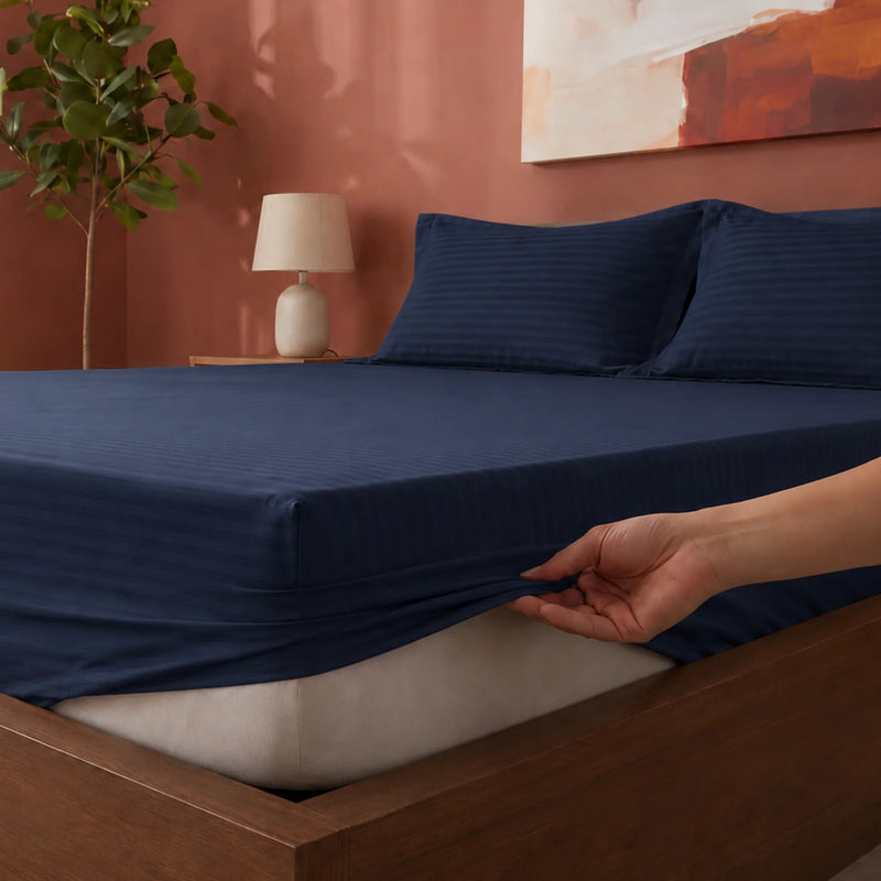 Breton Drift - Satin Stripes Fitted Bedsheet (Dark Blue)-2
