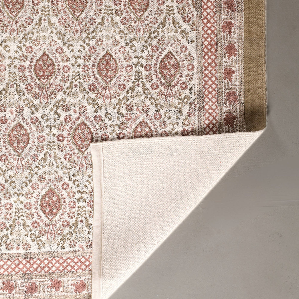 Cotton Floor Rug for Living Room and Bedroom hand block printed in Ivory and Rust Colour | Soft Washable Area Rug