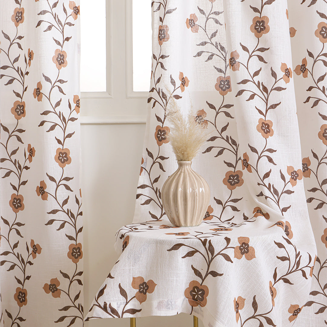 White Floral Velora Wines Rod Pocket Printed Sheer Curtain-3
