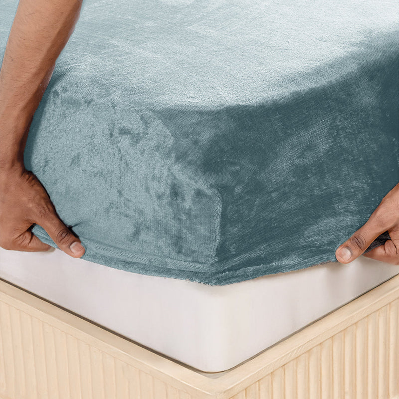 Homemonde Lightweight - Fleece Fitted Bedsheet (Frost Blue)-2