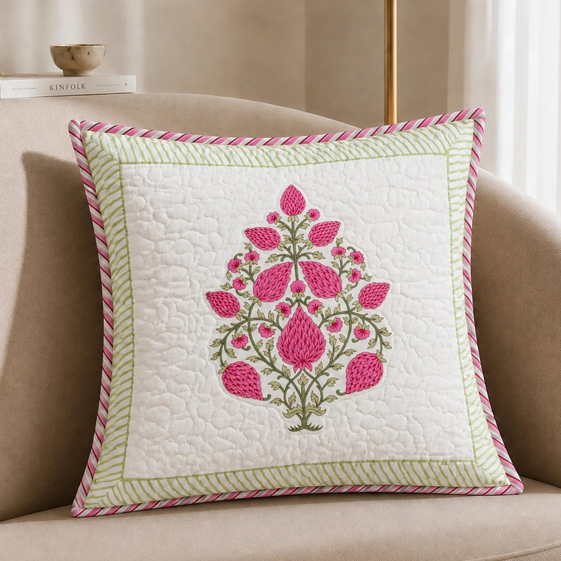 Ombre Berry - Hand Block Print Quilted Cushion Cover (Pink)-2