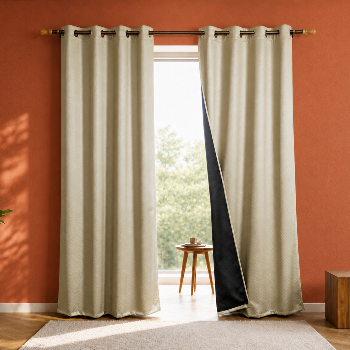 Beige Embossed Blackout Curtain (Brick Lace - Eyelet)-3