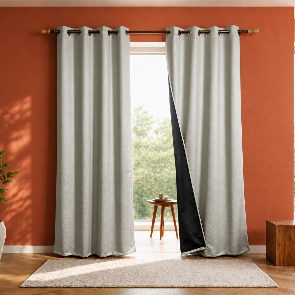 Off White Embossed Blackout Curtain (Brick Lace - Eyelet)-2