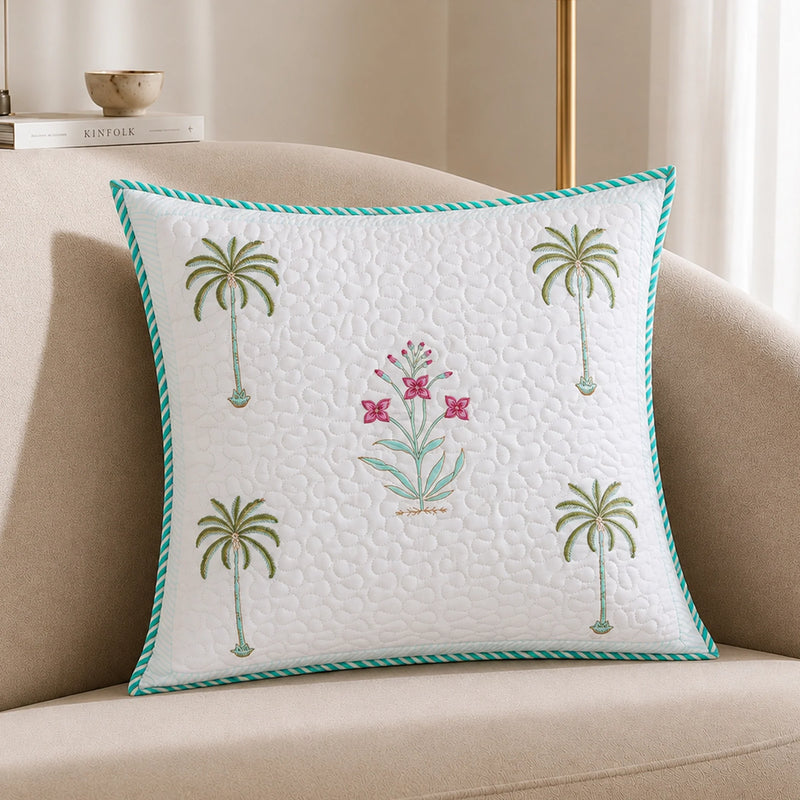 Ombre Tulip - Hand Block Print Quilted Cushion Cover (Green)-6